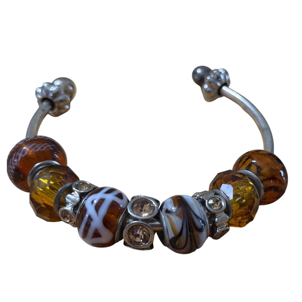 Amber Brown Murano Style Glass Bead Rhinestone Silver Tone Charm Cuff Bracelet